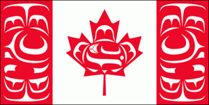 An Indigenous Canadian flag designed by Kwakwaka'wakw artist, Curtis Wilson, for Canada Day.