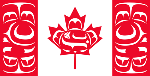 An Indigenous Canadian flag designed by Kwakwaka'wakw artist, Curtis Wilson, for Canada Day.