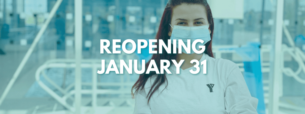Aquatics staff with mask and "Reopening January 31" text