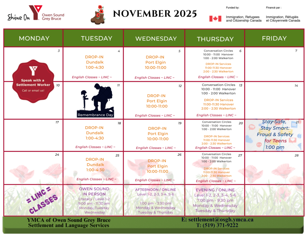 YMCA of Owen Sound Grey Bruce Settlement and Language Services Workshop Calendar for November 2025