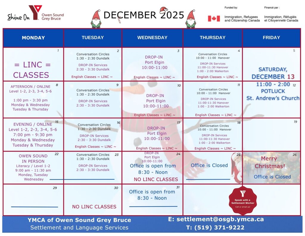YMCA of Owen Sound Grey Bruce Settlement Services December 2025 Workshop Calendar